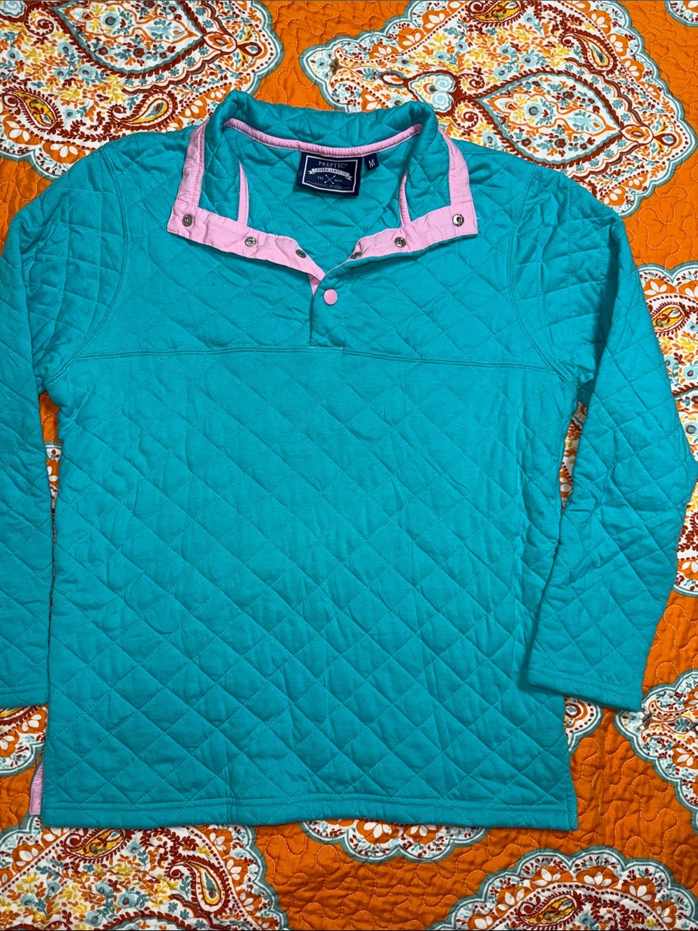 Lauren James Quilted Pullover Teal Pink Snap Collar Size M Preppy Like New